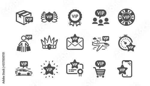 Vip icons set. Certificate, casino chips, delivery parcel. Very important person, player table, vip buyer icons. Crown, casino ticket, business class flight. Membership privilege. Quality set. Vector © blankstock