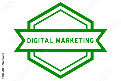 Vintage green color hexagon label banner with word digital marketing on white background