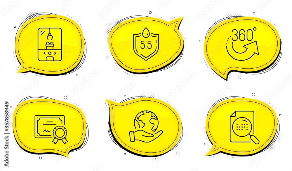 Crane claw machine sign. Diploma certificate, save planet chat bubbles. Search file, Ph neutral and 360 degrees line icons set. Find document, Water, Full rotation. Attraction park. Vector Crane claw machine sign. Diploma certificate, save planet chat bubbles. Search file, Ph neutral and 360 degrees line icons set. Find document, Water, Full rotation. Attraction park. Vector