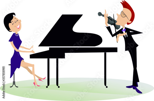 Couple musicians play music on violin and piano isolated illustration. Duet of violinist man and pianist woman isolated illustration
