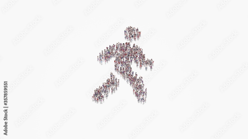3d rendering of crowd of people in shape of symbol of walking on white background isolated