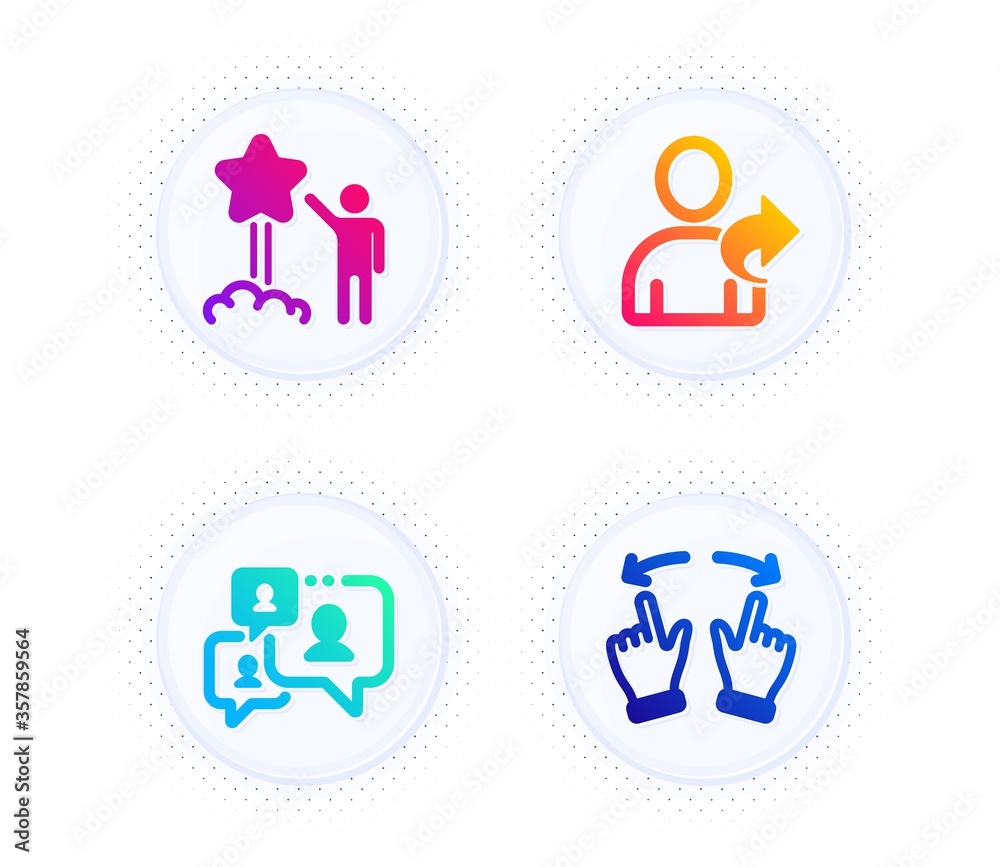 Support chat, Star and Refer friend icons simple set. Button with halftone dots. Move gesture sign. Comment bubble, Launch rating, Share. Swipe. People set. Gradient flat support chat icon. Vector Support chat, Star and Refer friend icons simple set. Button with halftone dots. Move gesture sign. Comment bubble, Launch rating, Share. Swipe. People set. Gradient flat support chat icon. Vector