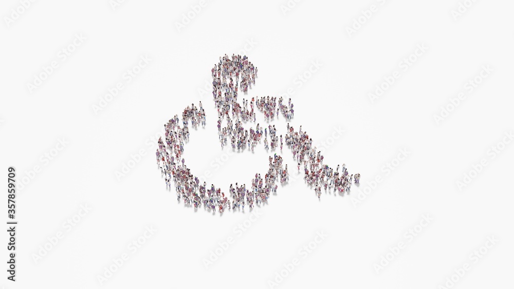 3d rendering of crowd of people in shape of symbol of wheelchair on white background isolated