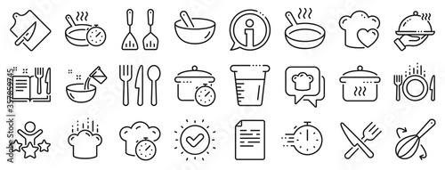Boiling time  Frying pan and Kitchen utensils. Cooking line icons. Fork  spoon and knife line icons. Recipe book  chef hat and cutting board. Cooking book  frying time  hot pan. Vector