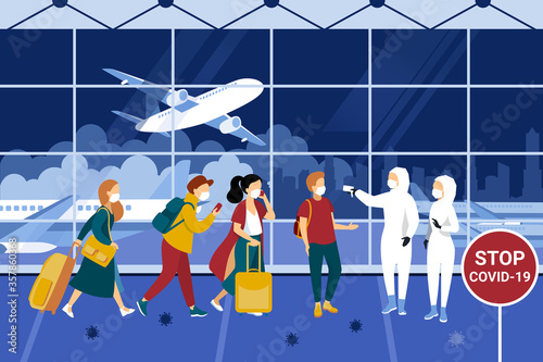 Crowd of people wearing protective medical masks in the airport. Night time. Vector illustration