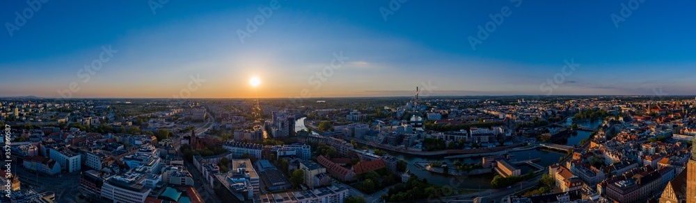 Aerial drone view on Wroclaw city centre and Oder river.