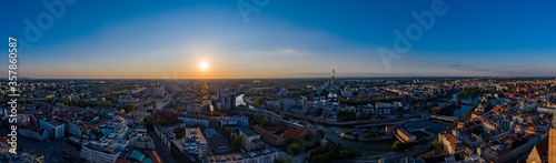 Aerial drone view on Wroclaw city centre and Oder river.