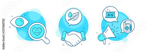 Smile face, Documentation and Music making line icons set. Handshake deal, research and promotion complex icons. Leaf dew sign. Love heart, Project, Dj app. Water drop. Business set. Vector