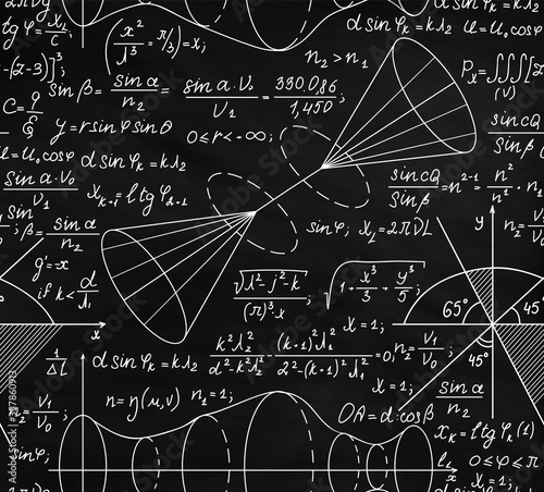 Scientific math and physics vector seamless pattern with handwritten formulas, figures and calculations