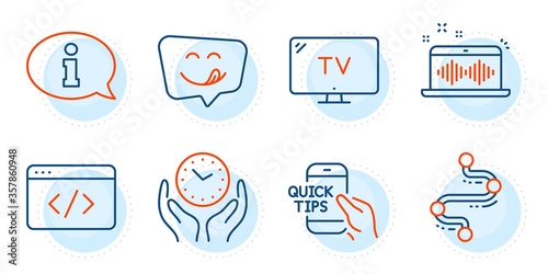 Seo script, Yummy smile and Music making signs. Information, Safe time and Tv line icons set. Timeline, Education symbols. Info center, Hold clock. Technology set. Outline icons set. Vector