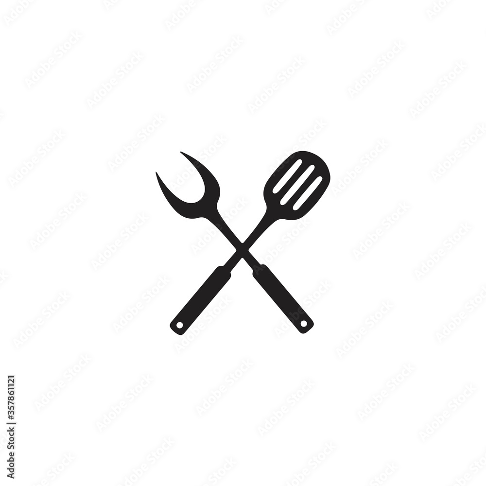BBQ or grill tools icon. Crossed barbecue fork with spatula. Black simple silhouette. Symbol Template Logo. Vector illustration flat design. Isolated on white background. BBQ or grill tools icon. Crossed barbecue fork with spatula. Black simple silhouette. Symbol Template Logo. Vector illustration flat design. Isolated on white background.