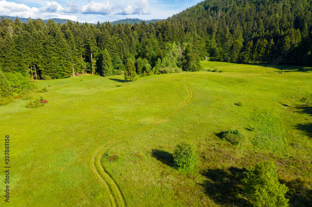Aerial view on the meadow fringed by the forest, with the road in the middle, Risnjak National Park, Croatia Aerial view on the meadow fringed by the forest, with the road in the middle, Risnjak National Park, Croatia