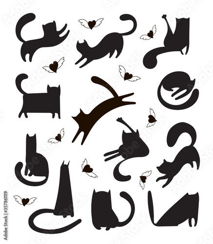 Trendy vector set of freehand drawn cat shapes for print  textile  t-shirts  cards  stickers  posters. Illustration of black and white kittens who sleep  play  run and hearts with wings.