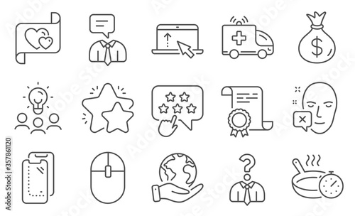 Set of Business icons, such as Hiring employees, Computer mouse. Diploma, ideas, save planet. Frying pan, Love letter, Money bag. Ambulance car, Face declined, Smartphone glass. Vector