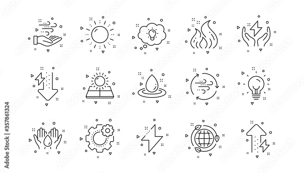 Solar panels, wind energy and electric thunder bolt. Energy line icons. Fire flame, hazard, green ecology icons. Linear set. Geometric elements. Quality signs set. Vector