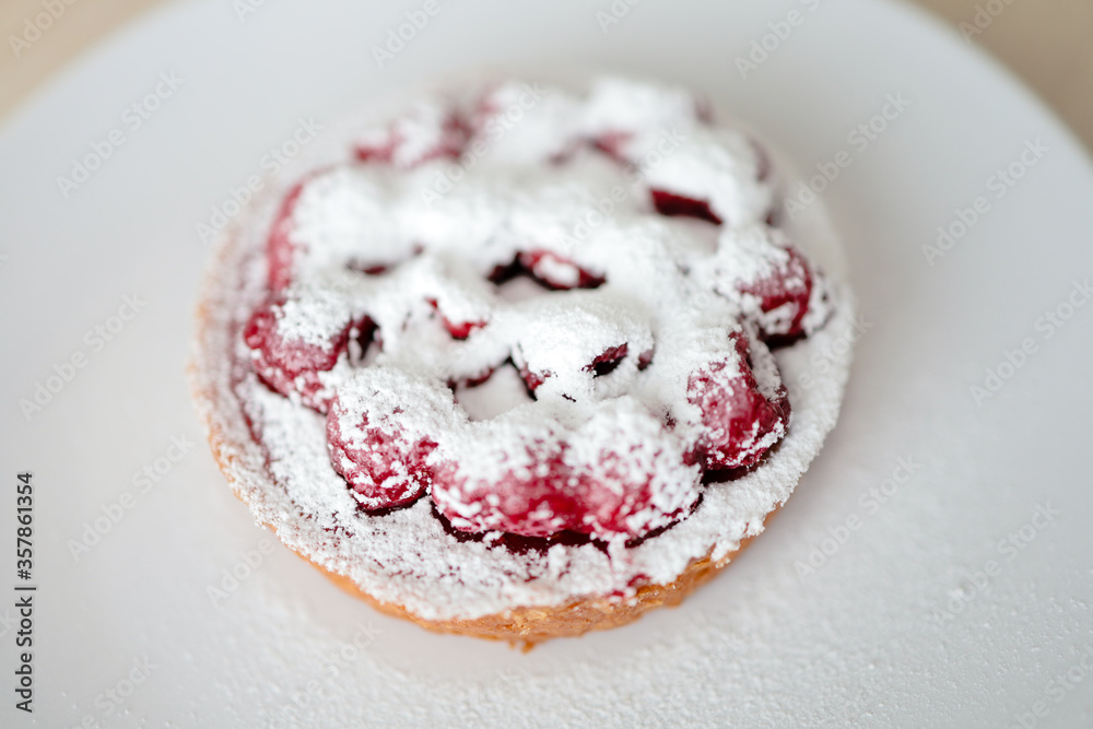 Raspberry tart covered with icing sugar on a white plate. Raspberry tart covered with icing sugar on a white plate.