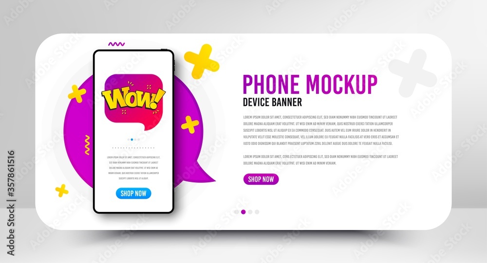 Wow chat bubble badge. Phone screen mockup banner. Discount banner shape. Sale coupon icon. Social media banner with smartphone screen. Shopping mockup web template. Wow bubble promotion. Vector Wow chat bubble badge. Phone screen mockup banner. Discount banner shape. Sale coupon icon. Social media banner with smartphone screen. Shopping mockup web template. Wow bubble promotion. Vector