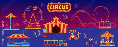 People in amusement park vector illustration. Cartoon flat family characters walking in park with circus tent, ride rollercoaster or carousel, ferris wheel, fun fair. Carnival entertainment background