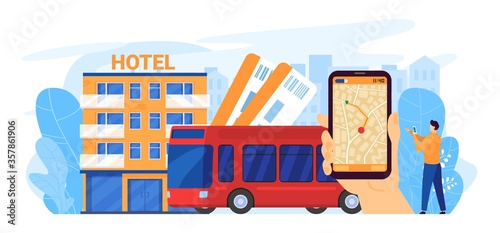 Bus city tour vector illustration. Cartoon flat traveler hand holding smartphone with autobus city plan, map mobile app, man tourist planning travel excursion route, city tourism isolated on white