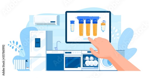 Buy kitchen water filter vector illustration. Cartoon flat hand buying filtering reverse osmosis system for modern kitchen interior. Drinkable water treatment filtration technology isolated on white