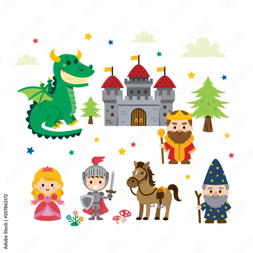 Fantasy Fairy Tale Clipart Kit.
Knight, king, dragon, wizard, castle and princess