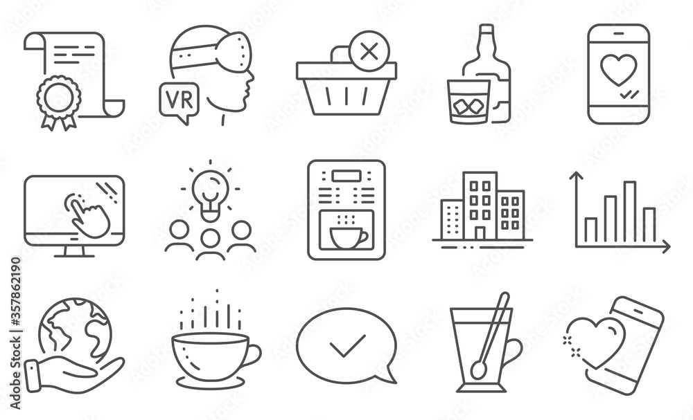 Set of Business icons, such as Heart, Approved message. Diploma, ideas, save planet. Coffee maker, Whiskey glass, Tea mug. Buildings, Augmented reality, Touch screen. Vector Set of Business icons, such as Heart, Approved message. Diploma, ideas, save planet. Coffee maker, Whiskey glass, Tea mug. Buildings, Augmented reality, Touch screen. Vector