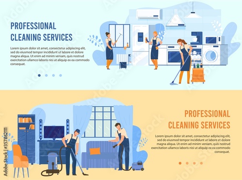 Cleaning service vector illustration. Cartoon flat worker people in uniform working with equipment for clean house apartment, home cleaners or housekeepers doing professional housework banner set