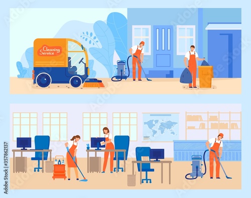 Cleaning service vector illustration. Cartoon flat worker people team mopping, vacuuming and sweeping floor at modern office, cleaner characters working at city street, waste trash removing banner set