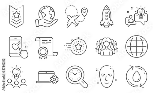 Set of Business icons, such as Globe, Airplane. Diploma, ideas, save planet. Heart rating, Idea, Rocket. Timer, Refill water, Shoulder strap. Women group, Time management, Health skin. Vector