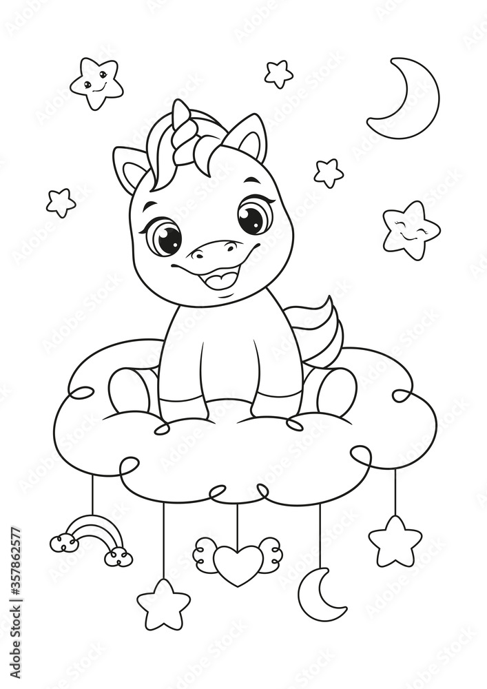 Happy baby unicorn sitting on cloud coloring page. Black and white