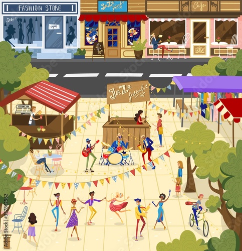 People on jazz festival vector illustration. Cartoon flat man woman dancer character dancing, performer musician band performing in outdoor city park, playing jazz music, street performance background