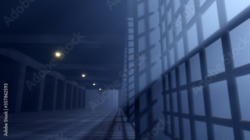 Camera walk in prison. Surrounded by prison cells. Gloomy mood. Fog, rays, night. Walk-through the gaol. Crime. Interrogation. Justice. Separated cell. One person. Guard. Walk. 3d Rendering