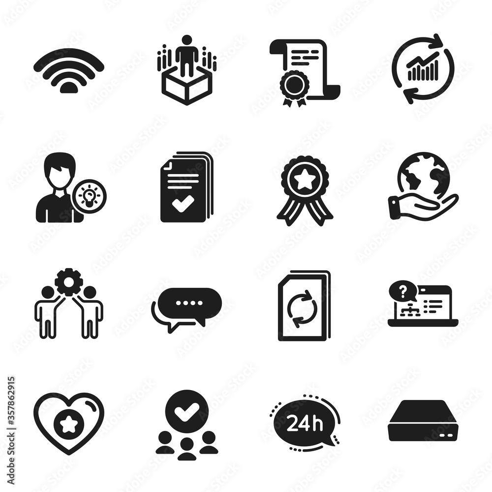 Set of Technology icons, such as Employees teamwork, 24h service. Certificate, approved group, save planet. Mini pc, Handout, Person idea. Augmented reality, Wifi, Online help. Vector Set of Technology icons, such as Employees teamwork, 24h service. Certificate, approved group, save planet. Mini pc, Handout, Person idea. Augmented reality, Wifi, Online help. Vector