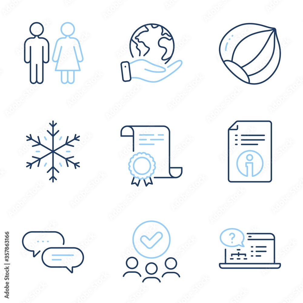 Fototapeta premium Hazelnut, Restroom and Online help line icons set. Diploma certificate, save planet, group of people. Dots message, Technical info and Snowflake signs. Vegetarian nut, Wc toilet, Web support. Vector