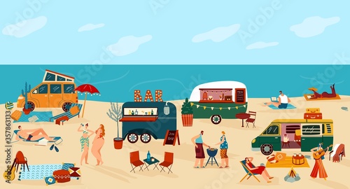 People travel in trailer vector illustration. Cartoon flat happy man woman traveler camper characters have fun on camping beach festival with many tourist campervan car trailers, summer background