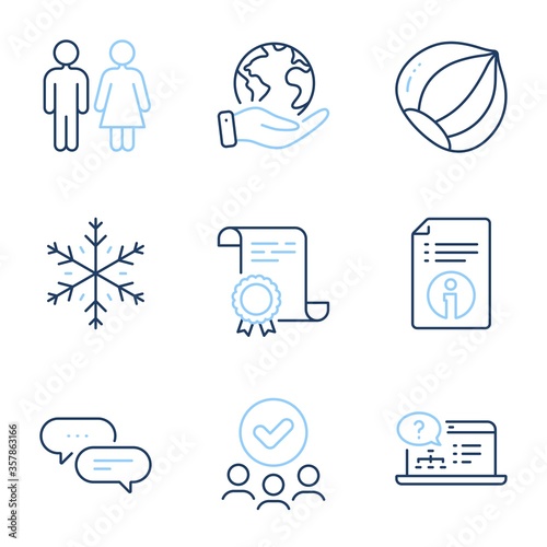 Hazelnut, Restroom and Online help line icons set. Diploma certificate, save planet, group of people. Dots message, Technical info and Snowflake signs. Vegetarian nut, Wc toilet, Web support. Vector
