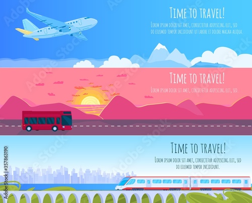 Travel Transportation vector illustration set. Cartoon flat modern transport, electric express train with travelers, bus with passengers, airplane in sky traveling in nature landscape or cityscape