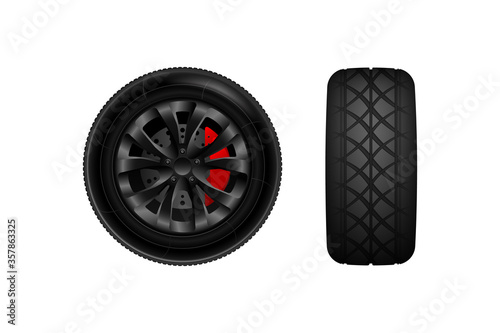 Realistic vector tires set. Car tires. Car weels. Car wheel with brake gear.