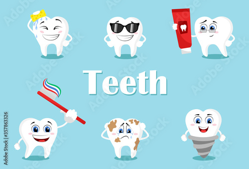 Cute teeth with different emotions set for label design.  Healthy white teeth and tooth with dental plaque socializing. Dentistry and dental whitening care clipart.