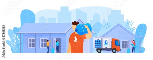 Water delivery service vector illustration. Cartoon flat man courier character holding big bottle with clean water, delivering plastic blue container to home or office on truck van isolated on white
