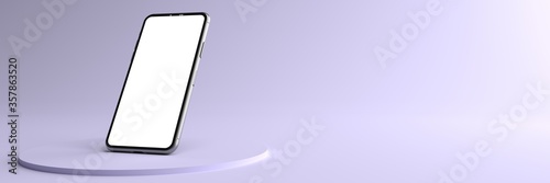 The Smartphone white screen on violet round Pedestal, Mobile phone mockup tilted to the ground. Pedestal can be used for commercial advertising, Isolated on Minimal violet background, 3D rendering.