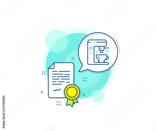 Tea machine sign. Certification complex icon. Coffee maker line icon. Hotel service symbol. Certificate or diploma document. Coffee maker sign. Vector