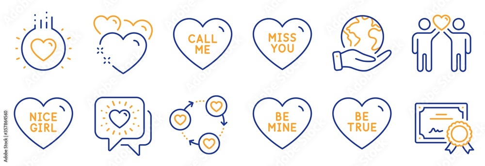 Set of Love icons, such as Miss you, Be true. Certificate, save planet. Friends community, Call me, Friends chat. Heart, Love, Nice girl. Be mine line icons. Love heart, Friendship. Vector Set of Love icons, such as Miss you, Be true. Certificate, save planet. Friends community, Call me, Friends chat. Heart, Love, Nice girl. Be mine line icons. Love heart, Friendship. Vector