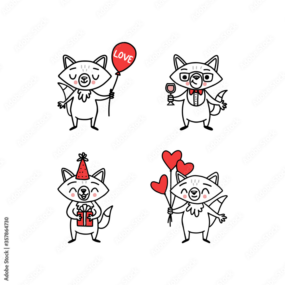 Obraz premium Cute doodle vector foxes with drink and in birthday hat for holidays and party stickers.