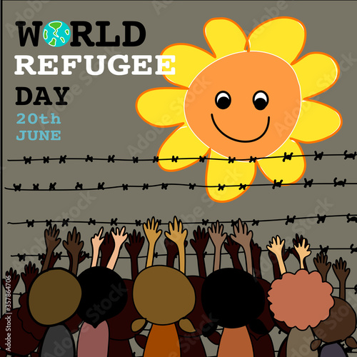 group of refugee kids trying to reach big happy yellow happy flower  behind the barbed wire fence. for world refugee day on 20th June hand drawn cartoon vector 