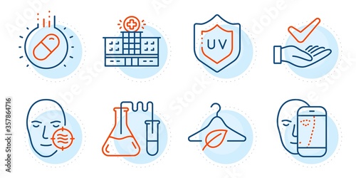Chemistry lab, Face biometrics and Hospital building signs. Uv protection, Capsule pill and Problem skin line icons set. Slow fashion, Dermatologically tested symbols. Outline icons set. Vector