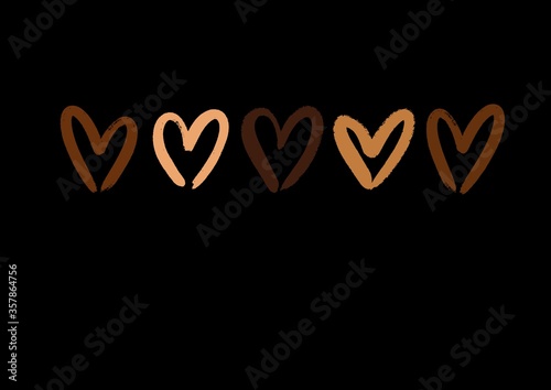 Vector illustration of grunge brush hearts of different chocolate colors isolated on black background. Template with hand drawn doodle hearts with copy space for text, quote. Stop racism concept.
