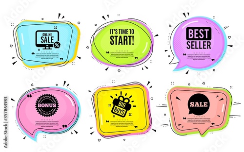 It's time to start. Big buys, online shopping. Special offer sign. Advertising discounts symbol. Quotation bubble. Banner badge, texting quote boxes. Time to start text. Coupon offer. Vector