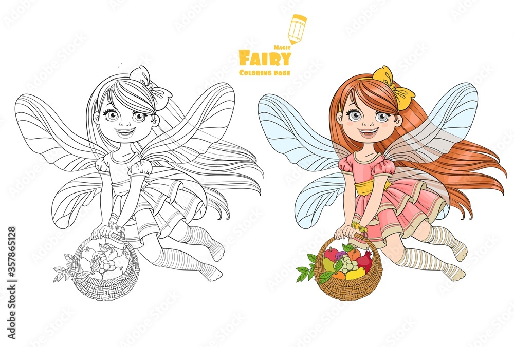 Cute little fairy girl with a round wicker basket filled fruits color and outlined picture for coloring book