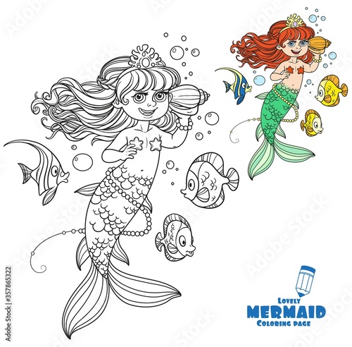 Cute little mermaid girl floats in water and listens shell coloring page on a white background